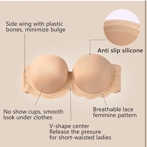 Cream Seamless Strapless Bra with Lace Trim - Picture 10 of 12